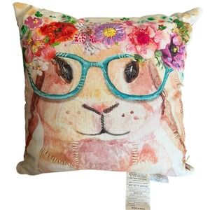 Snuggle Bunny Floral Decorative Pillow Small Pink Teal Glasses Good Whimsical